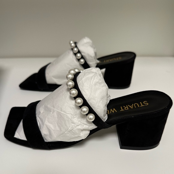 Stuart Weitzman Goldie 60 Pearl Slide Sandals 6.5 NIB Block Heel Black Suede - Picture 3 of 14